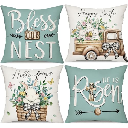 Easter Pillow Covers Set of 4 - 18x18 Bunny & Eucalyptus Decor