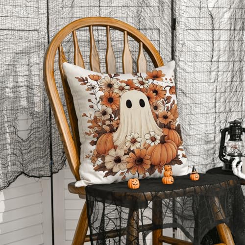 Halloween Ghost Pumpkin Throw Pillow Cover - 18x18 Inch Polyester Cushion