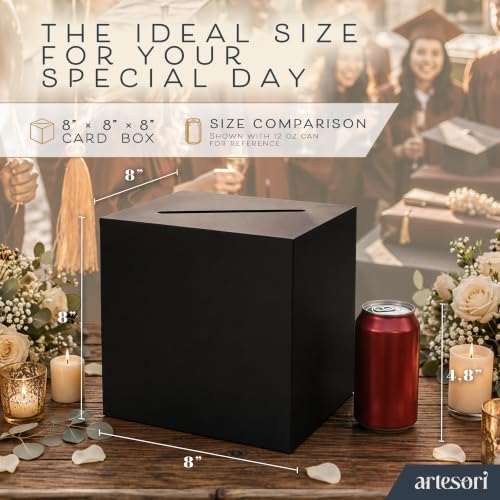 Artesori Black Wedding Card Box with Slot - 8x8" Gift & Envelope Holder