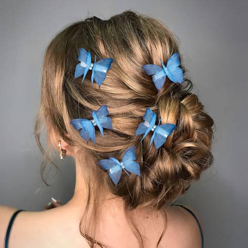 SmallCat 5pcs Gradient Blue Butterfly Hair Barrettes with Rhinestone Organza