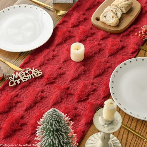 Christmas Tree Table Runner 13x48 Inch Red Plush Faux Fur Holiday Decor