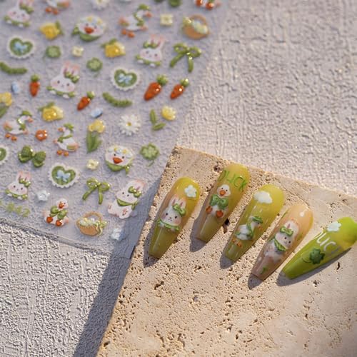 5D Embossed Easter Nail Stickers Green Flower Rabbit Self-Adhesive Decals