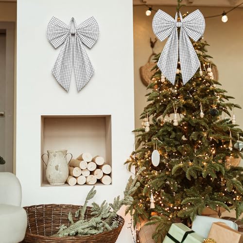 Grey Christmas Gingham Wreath Bow | 18" x 12" Holiday Door Decor