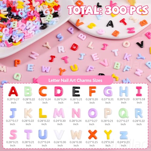300Pcs 3D Kawaii Letter Nail Charms Flatback Resin Alphabet Rhinestones