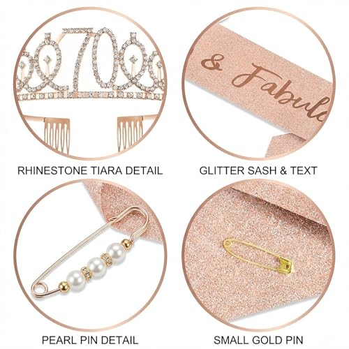 Halfte 70th Birthday Crown & Sash Pin Set for Women - 70th Celebration Decorations