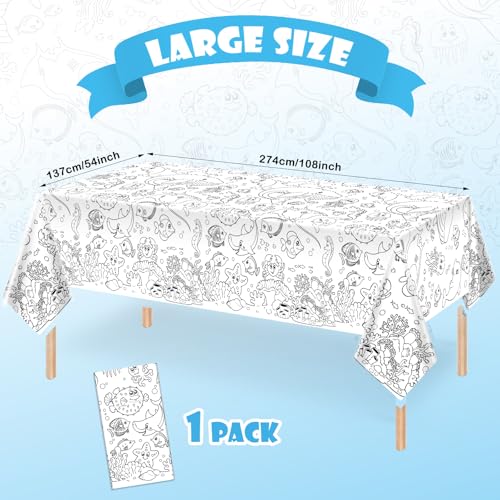 PartyGarden Ocean Under the Sea Coloring Tablecloth - Kids Birthday Party Supplies, 54x108 Inches