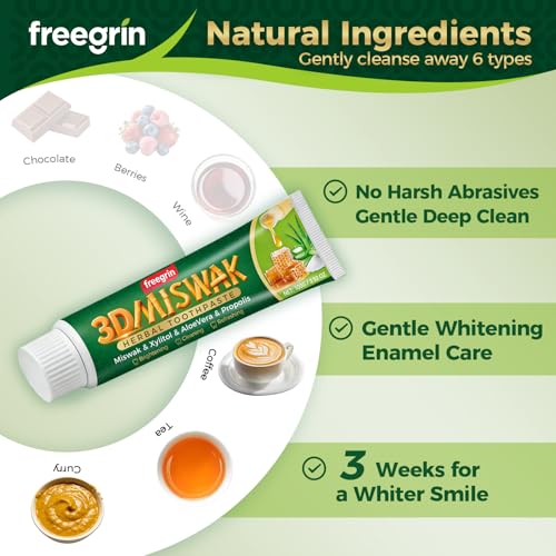 FREEGRIN Organic Miswak Herbal Toothpaste - Fluoride Free with Aloe Vera & Propolis 3.52 oz