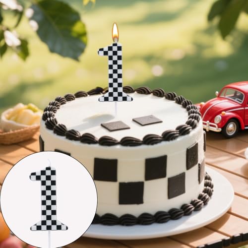 Racing Car 1st Birthday Candle - Black & White Checkered Design