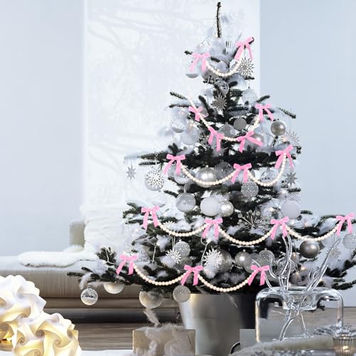 Pink Pearl Garland with Satin Bows 9.8Ft Christmas Party Decor