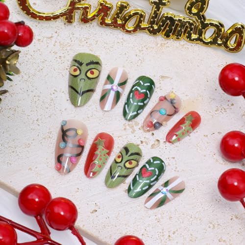 Christmas Press on Nails Medium Almond Fake Nails 30Pcs Xmas Rhinestone