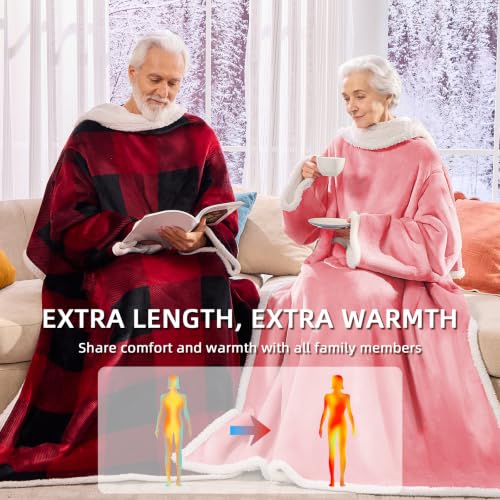 Pink Sherpa Wearable Blanket with Foot Pocket - Oversized Snuggle Robe, 53x69+12 inches