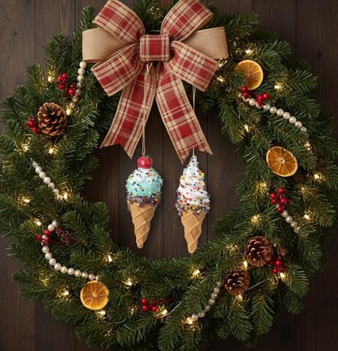 Set of 2 Whimsical Holiday Ice Cream Cone Ornaments - Fun Christmas Decor