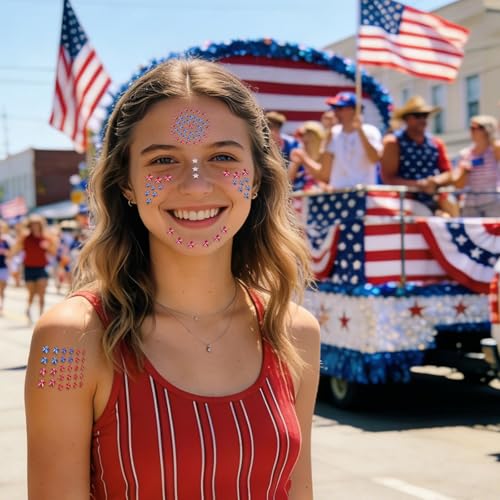 Doneace 4th of July Star Face Gems - Red White and Blue Rhinestone Stickers