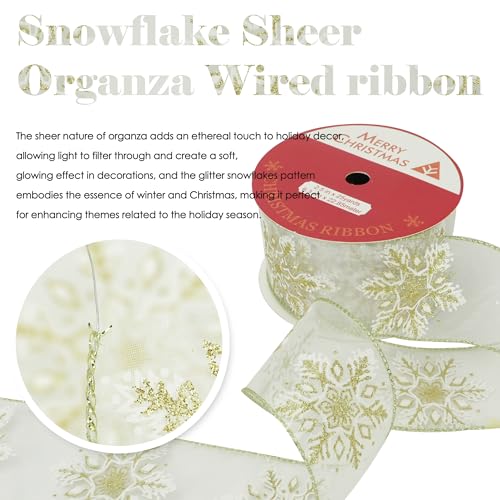 HUIHUANG 2.5" Gold Snowflake Wired Ribbon - 25 Yards for Christmas Decor
