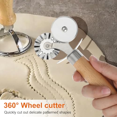 Double Wheel Pastry Cutter with Wooden Handle for Pizza & Cookies