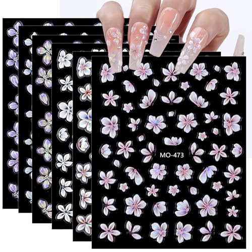 Umillars 5D Embossed Floral Nail Stickers - 6 Sheets Self-Adhesive Flower Nail Decals for DIY Manicure