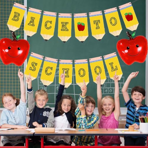 Back to School Pencil Banner with Apples Balloons Set