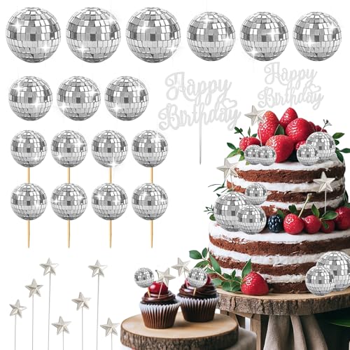 28 Pcs Disco Ball Cake Topper Set for Retro 70s Party Decorations