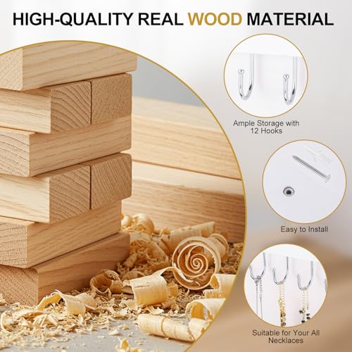 Dntorx White Wooden Wall Necklace Organizer with 24 Hooks – Jewelry & Accessory Storage