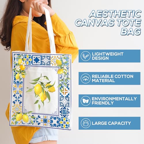 Sitsink Boho Lemon Print Tote Bag - Aesthetic Canvas Book Lover Gift