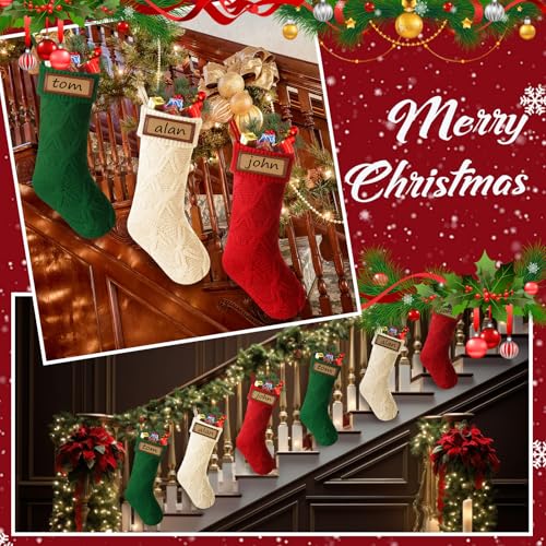 Large Christmas Stockings Set with Leather Name Tags - 18 Inch, Red Green White
