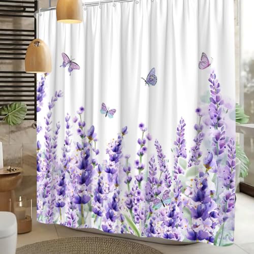 Lavender Floral Shower Curtain 70x70 Inch, Watercolor Butterfly Bathroom Set