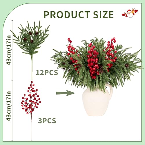Artificial Norfolk Pine Branches with Red Berries - 12 Pack, 17.7" Christmas Decor