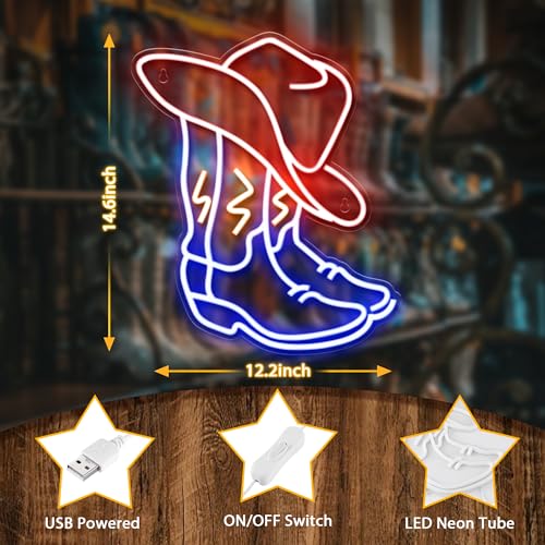 Cowboy Boot Neon Sign with Cowboy Hat - Western Wall Decor for Bedroom, Bar, Office, Man Cave - Variation CBB1