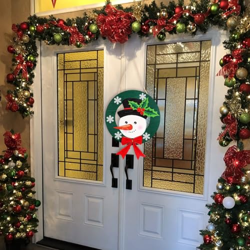 Christmas Door Hang - 2 Wooden Holiday Welcome Sign with Snowman Decor