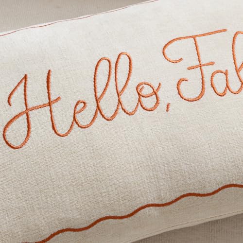 Hello Fall Embroidered Lumbar Pillow Cover 12x20 - Beige Chenille