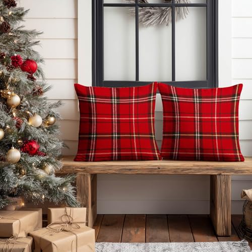 HOMETITUTE Set of 2 Christmas Rustic Plaid Throw Pillow Covers 18x18 Inch - Variation #04