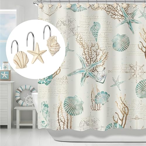 Ocean Theme Shower Curtain Hooks - Pearlescent Seashells & Starfish (12 Pack) by Sunlit