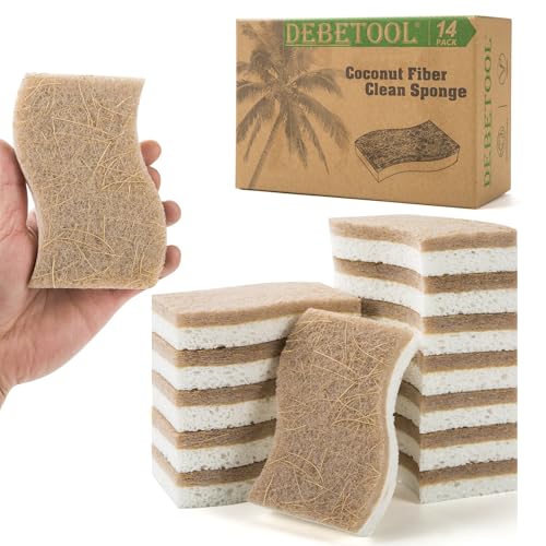 DEBETOOL 14-Pack Natural Coconut Cellulose Sponges - S Shape Eco-Friendly Kitchen Cleaning Set