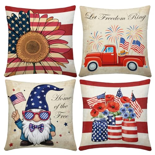 4th of July Patriotic Pillow Covers - 18x18 Inch Set of 4