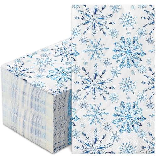 Christmas Snowflake Guest Napkins - Watercolor Blue Disposable Party Towels