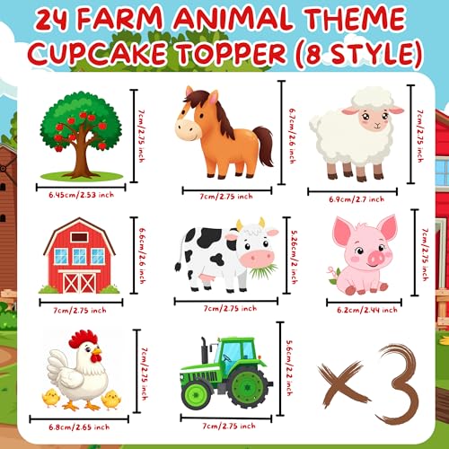 Farm Animal Cupcake Toppers 24 pcs - Farm Theme Party Decorations with Cow, Sheep, Chicken, Horse, Pig, Tractor, Tree & House Design
