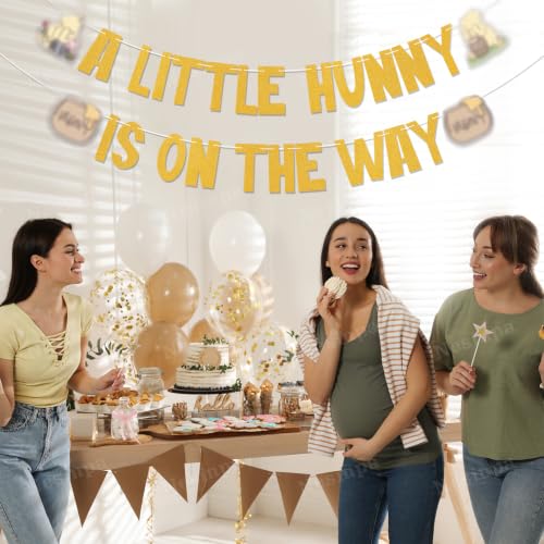 A Little Hunny is on the Way Gold Glitter Banner - Bear Baby Shower Decorations