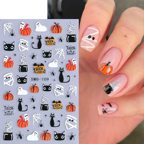 5D Embossed Halloween Nail Stickers Ghost Black Cat Nail Decals 4 Sheets