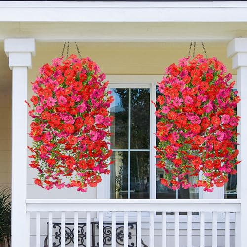 Dolicer 2 Pcs Realistic Artificial Flowers for Outdoor Decor - UV Resistant Silk Hanging Plants (Red & Fuchsia)