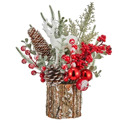 Christmas Tree Stump Mini Decor with Deer Bell & Pine Cones - Red Variation