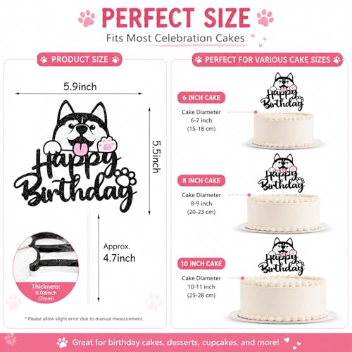 Husky Cake Topper - Black Glitter Birthday Decorations for Kids