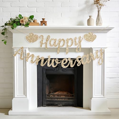 Pre-Strung Gold Glitter Happy Anniversary Banner | Wedding Decor