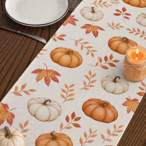 Thanksgiving Table Runner - Orange Pumpkins & Maple Leaves, 13x72"
