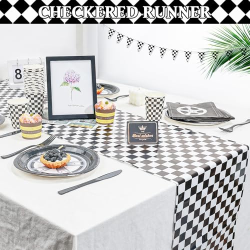 Black and White Checkered Table Runner Set - 6 Pcs 14x108 Inch for Racing Theme Parties