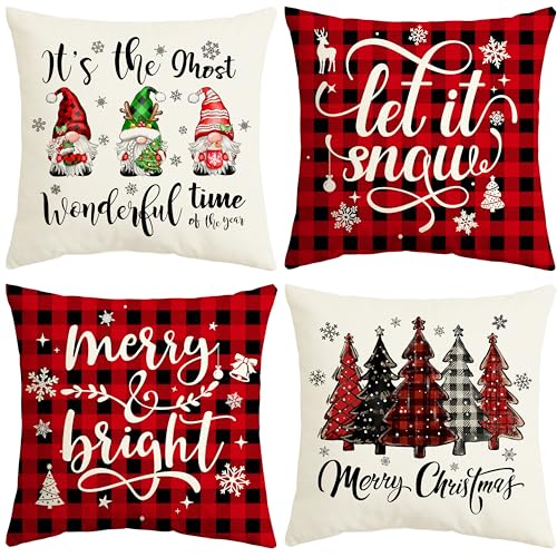 THAWAY Christmas Pillow Covers 18x18 Set of 4, Red & Black Buffalo Plaid