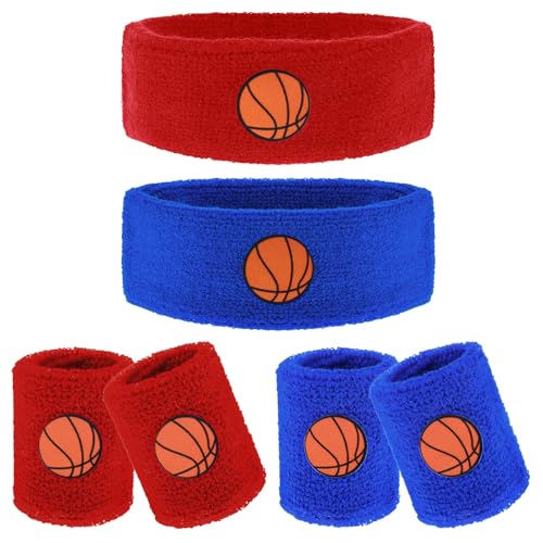 6 Pcs Sweatband Set, Including 4 Moisture Wicking Athletic Wristband and 2 Headbands Wrist Sweatband Sports Terry Cloth Sweat Absorbing Head Band for Workout for Kids Teens