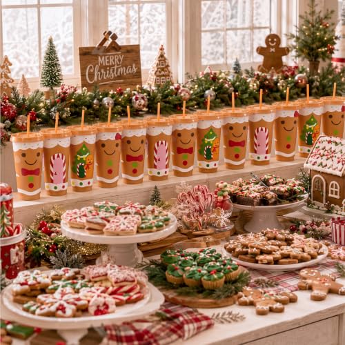 24 oz Christmas Cups with Lids & Straws - Gingerbread Style, 24 Pieces