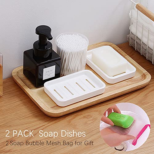 Self Draining Soap Dish Set - 2 Plastic Holders & Loofah Bags