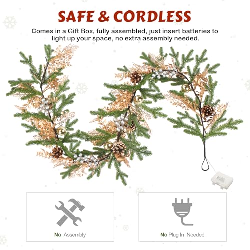 5.2ft Christmas Garland with Lights, Pine Needles, Pinecones, 40 LEDs, Battery Operated Indoor Decor