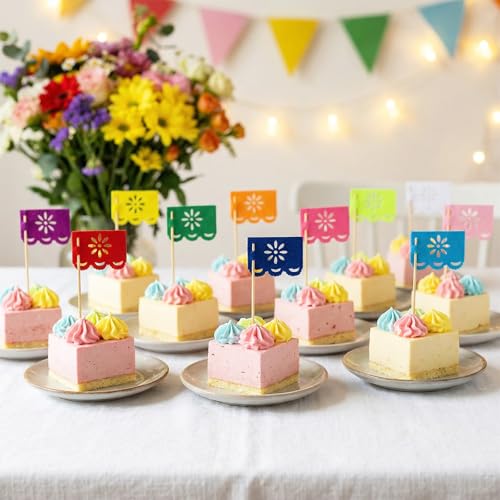 24 Pcs Mini Mexican Papel Picado Flags - Multi-Colored Cake Toppers